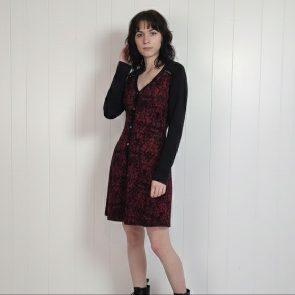 Y2K Whimsigoth Red Black Tunic Mini Dress Dolcezza Long Sleeve Size Small Goth - Picture 2 of 12